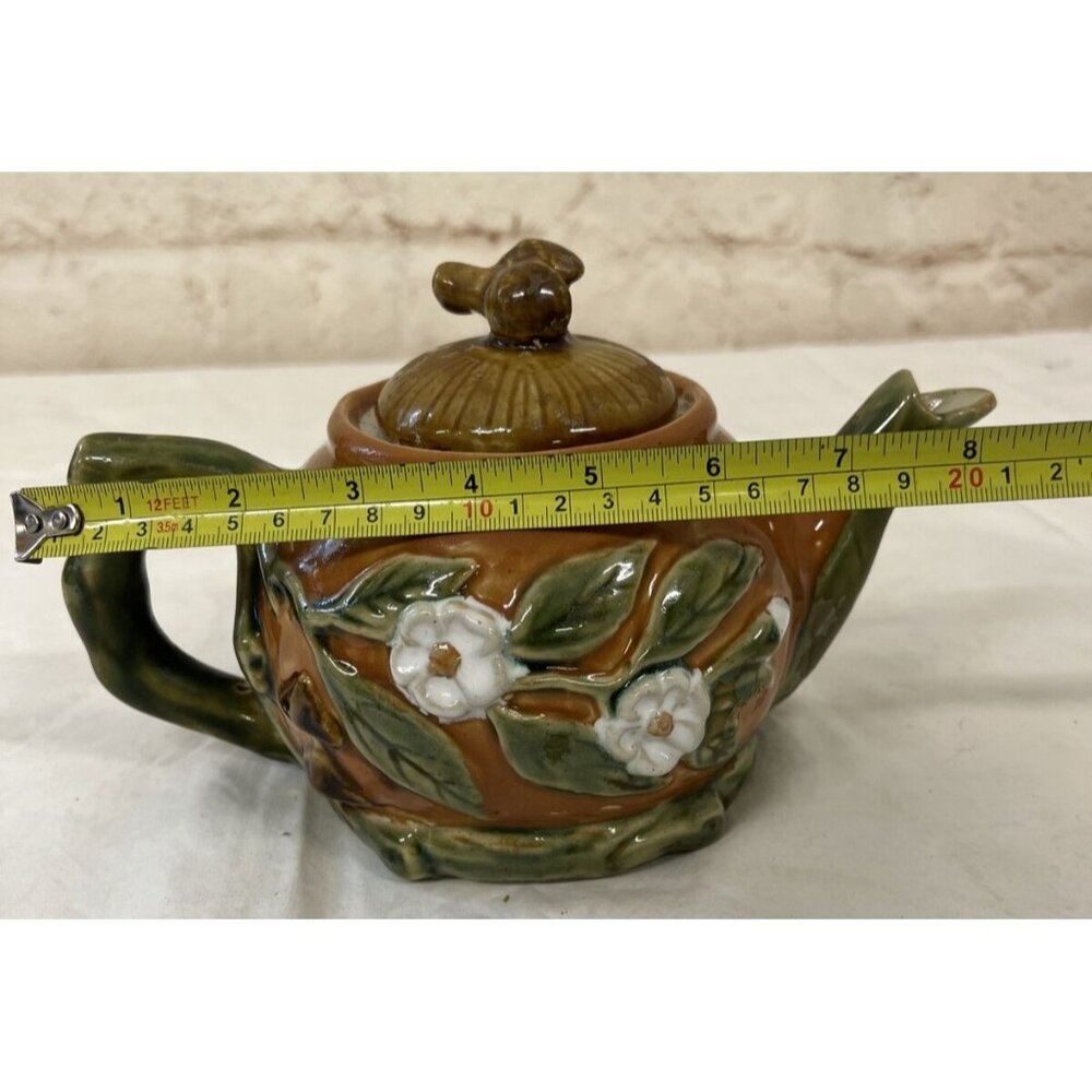Teapot Mushroom Lid White Flowers Pottery Majolica Brown - Picture 11 of 11